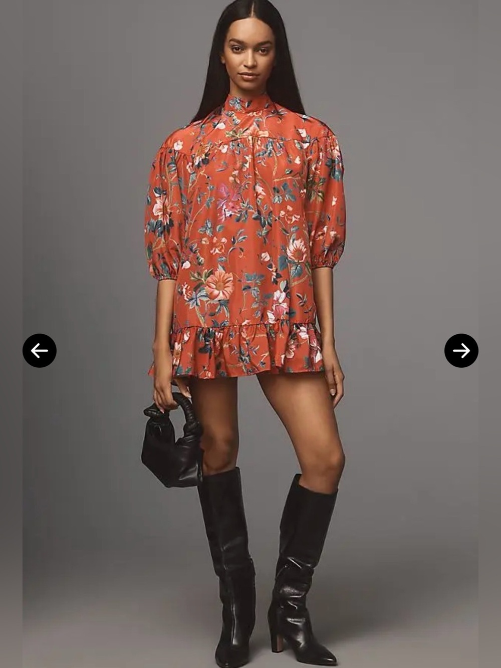 Anthropologie Red Floral High-Neck Ruffle Mini Babydoll Swing Dress Small Petite
